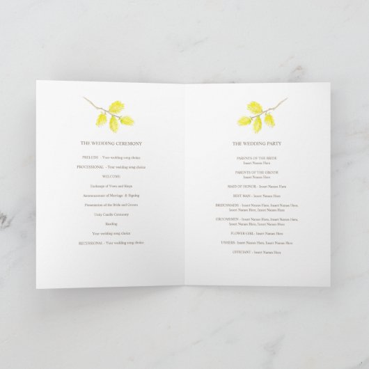 Bruiloft waterverf gele wilgen katjes gevouwen programma (Binnen)
