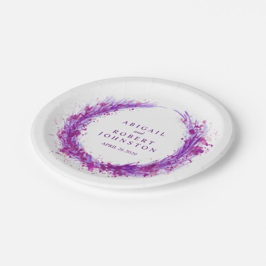 Bruiloft waterverf paarse krans namen papier bord (Gekanteld)