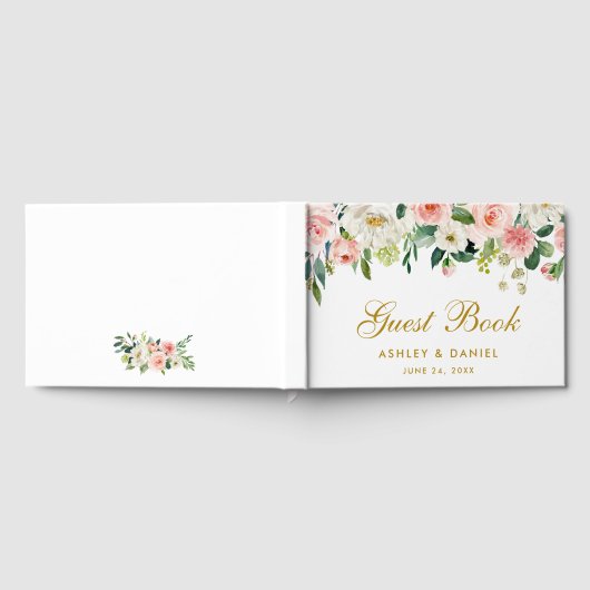 Bruiloft Waterverf Roze Blush Bloemen Goud Gastenboek (Volledig)