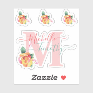 Bruiloft Waterverf Rozen Bloemenbrief Initiaal M Sticker