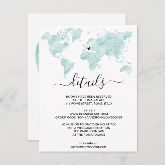 Bruiloft Waterverf Wereldkaart Verwijderbaar Hart Informatiekaartje (Voorkant / Achterkant)