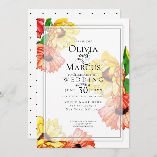 Bruiloft | Waterverf Yellow en Red Gerbera Daisy Kaart (Voorkant / Achterkant)