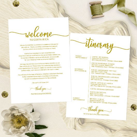 Bruiloft Weekend Welkom en Reisbrief Goud Kaart