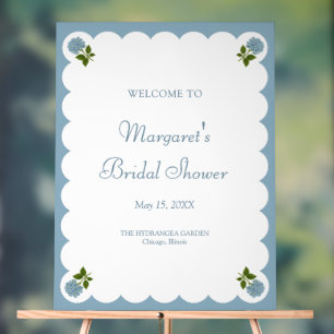 Bruiloft Welcome Bord Stof Blauw Hydrangea