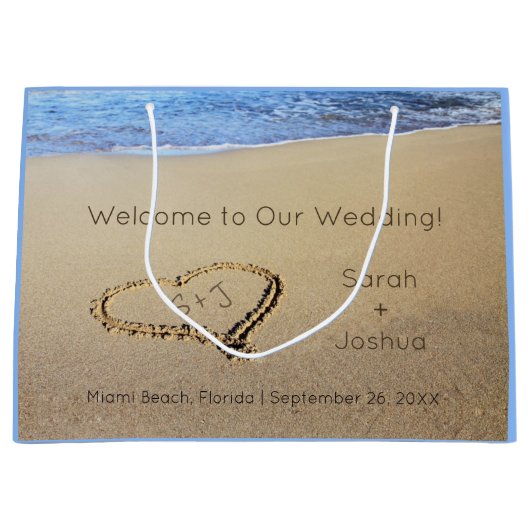 Bruiloft Welcome Hart in Zand Strand Bestemming We Groot Cadeauzakje (Voorkant)