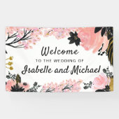 Bruiloft Welkom Blush Roze, Zwart en Gouden Bloeme Spandoek (Horizontaal)