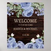 Bruiloft Welkom Rustiek Hout Blauw Bloemen Poster (Voorkant)
