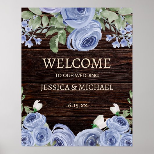 Bruiloft Welkom Rustiek Hout Blauw Bloemen Poster (Voorkant)