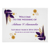 Bruiloft Welkomstbord - Paarse en gouden bloemen Perfect Poster (Voorkant)