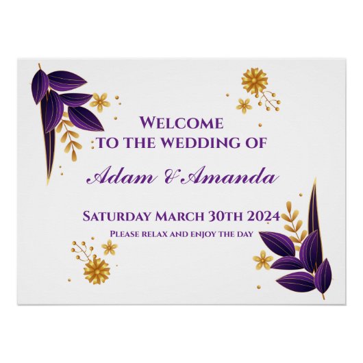 Bruiloft Welkomstbord - Paarse en gouden bloemen Perfect Poster (Voorkant)