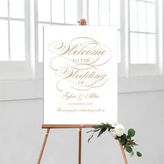 Bruiloft welkomstteken elegante gouden kalligrafie poster