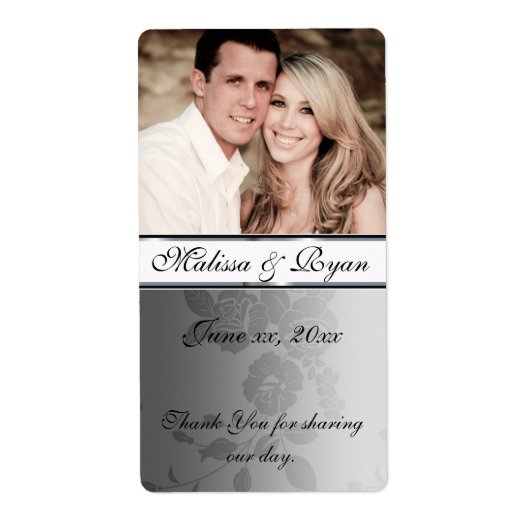 Bruiloft Wijn Label Zilveren Damast (Voorkant)