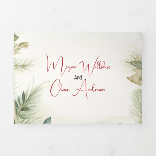 Bruiloft | Winter Waterverf groen Drieluik Uitnodiging (Cover)