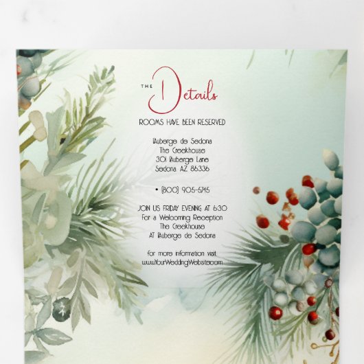 Bruiloft | Winter Waterverf groen Drieluik Uitnodiging (Binnenzijde eerst)