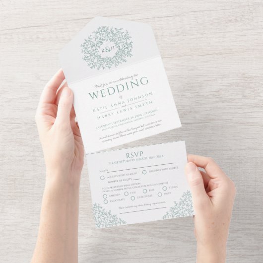 Bruiloft wit gedempt groen blad all in one uitnodiging (Afscheurbaar)