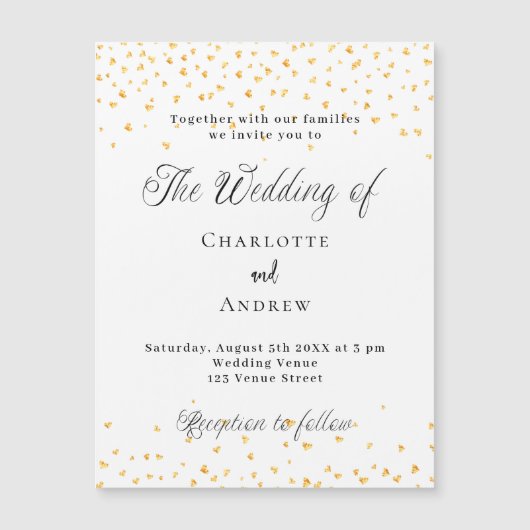 Bruiloft wit gouden harten elegant script luxe magnetische uitnodiging (Voorkant)