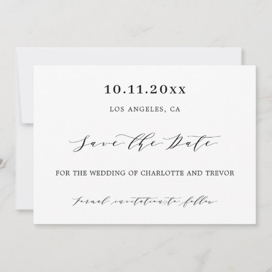 Bruiloft wit zwart script modern save the date (Voorkant)