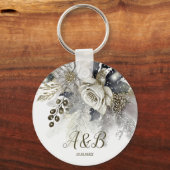 Bruiloft Zilver Gouden Witte Rozen Bloemen Sleutelhanger (Achterkant)