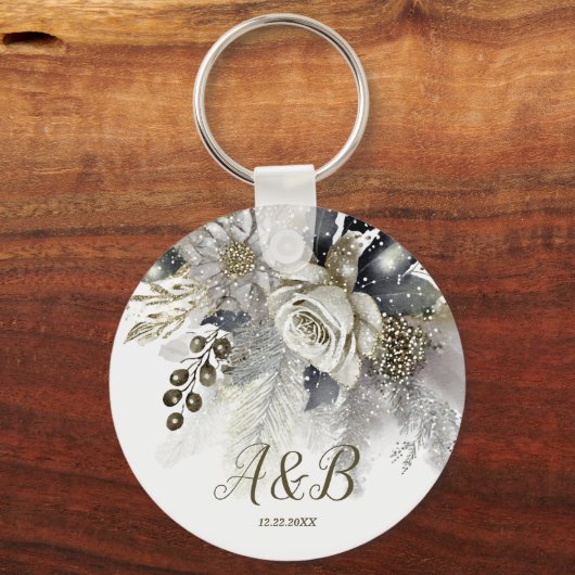 Bruiloft Zilver Gouden Witte Rozen Bloemen Sleutelhanger (Achterkant)