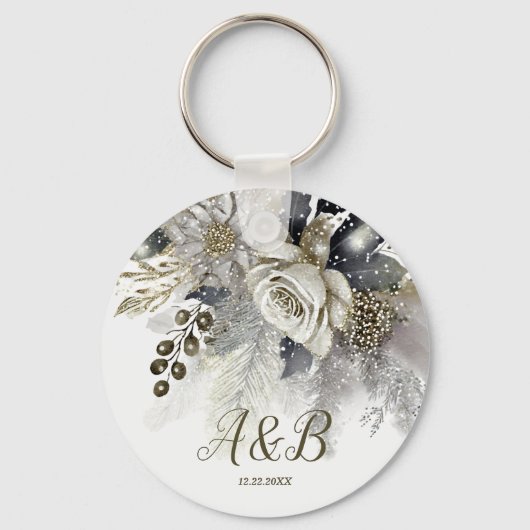 Bruiloft Zilver Gouden Witte Rozen Bloemen Sleutelhanger (Achterkant)
