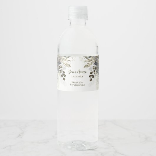 Bruiloft Zilveren Gouden Witte Rozen Bloemen Waterfles Etiket (Voorkant)