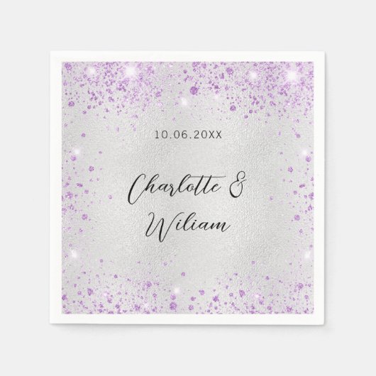 Bruiloft zilveren violette fonkels namen servet (Voorkant)