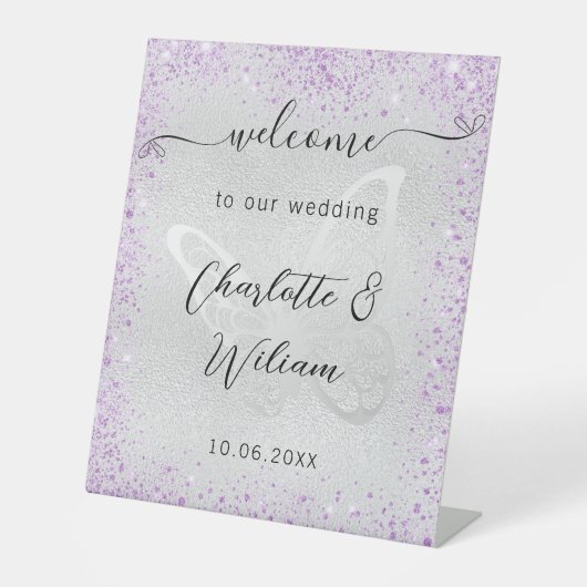 Bruiloft zilveren violette vlinder welkom reclamebord met voetstuk (Voorkant)