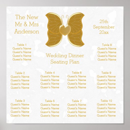 Bruiloft Zitplattegrond Gouden Vlinder Hart Ontwer Poster (Voorkant)