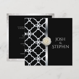Bruiloft Zwart en Wit Quatrefoil Wit Rose Kaart