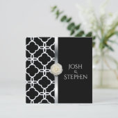 Bruiloft Zwart en Wit Quatrefoil Wit Rose Kaart (Staand voorkant)