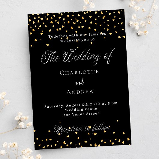 Bruiloft zwart gouden harten elegant script kaart