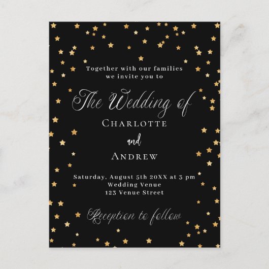 Bruiloft zwart gouden sterren elegant script uitnodiging briefkaart (Voorkant)