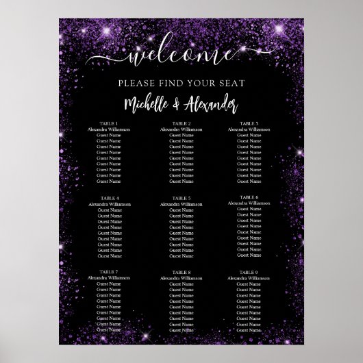 Bruiloft zwart paarse welkomsttafel zitgrafiek poster (Voorkant)