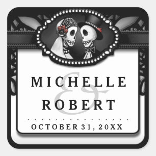 Bruiloft Zwart Wit Kant Namen Skeletten Bruiloft Vierkante Sticker
