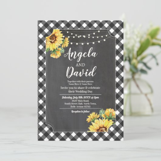 Bruiloft Zwart Wit Zonnebloem Gingham Bloemen Lich Kaart (Staand voorkant)