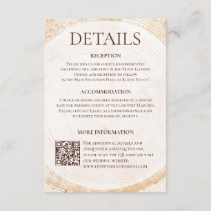 Bruiloftdetailskaart van rustiek hout met QR-code Informatiekaartje