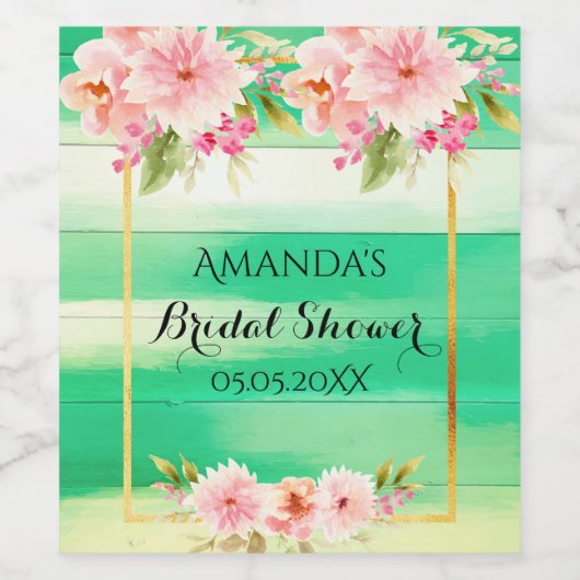 Bruiloftfeest groen hout roze bloemen rustiek wijn etiket (Enkel label)