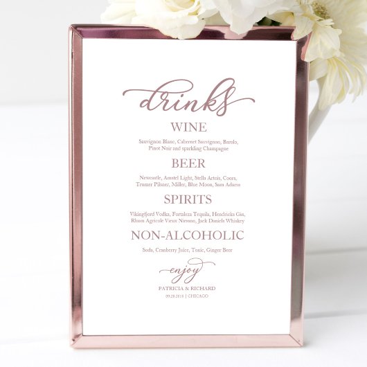 Bruiloftsbar Rose Goud Script Bruiloftsbord Poster