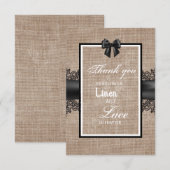 Bruiloftsbedankingskaart van jute, linnen en kant bedankkaart (Voorkant / Achterkant)