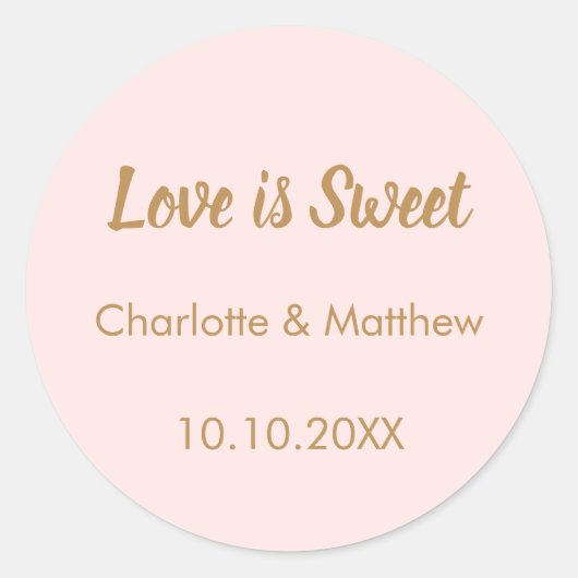 Bruiloftsblush gouden namen Love is Sweet Ronde Sticker (Voorkant)
