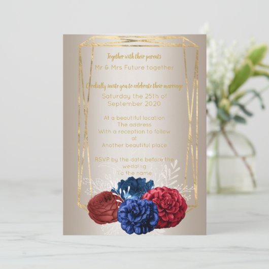 Bruiloftsboeket Elegant Rood Blauw Kaart (Staand voorkant)