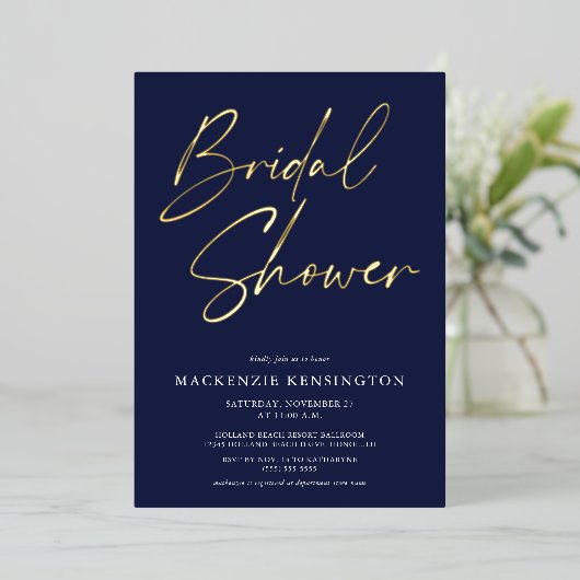 Bruiloftsborrel Navy Blauw Goud Folie Uitnodiging (Staand Voorkant)