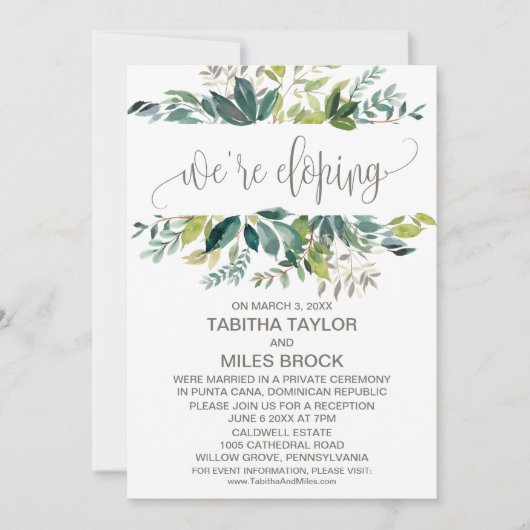 Bruiloftsbruiloft Ontvangst met Loof We're Eloping Kaart (Voorkant)