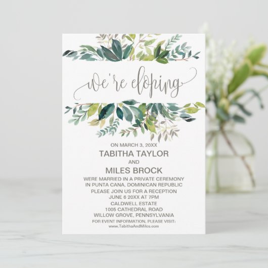 Bruiloftsbruiloft Ontvangst met Loof We're Eloping Kaart (Staand voorkant)