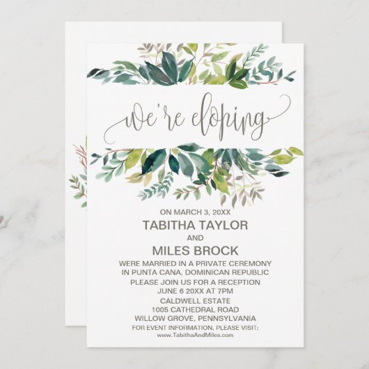 Bruiloftsbruiloft Ontvangst met Loof We're Eloping Kaart (Voorkant / Achterkant)