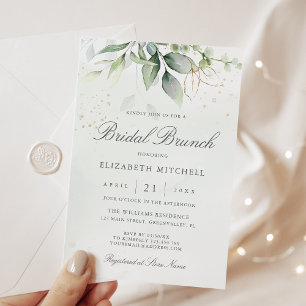 Bruiloftsbrunch met eucalyptusgroen en gouden blad kaart