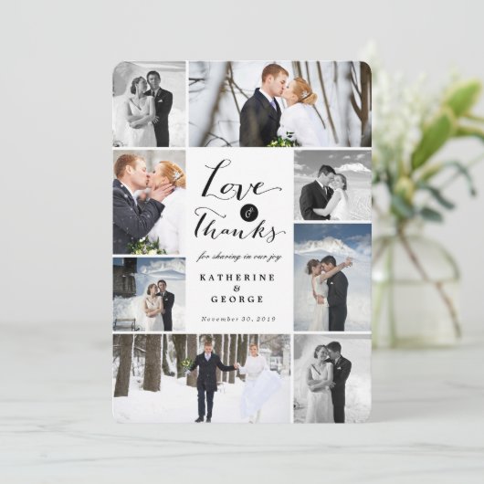 Bruiloftscollage met 8 foto's en 'Love & Thanks' s Bedankkaart (Staand voorkant)