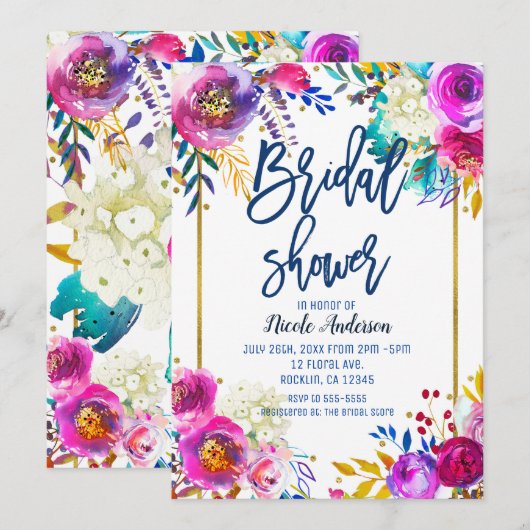 Bruiloftsfeest Blauwe Script Vet Waterverf Bloemst Kaart (Voorkant / Achterkant)
