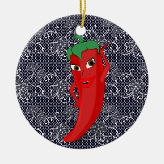 Bruiloftsfeest met rode hete peper diva keramisch ornament (Voorkant)