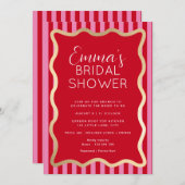 Bruiloftsfeest met rode roze streepgolf kaart (Voorkant / Achterkant)